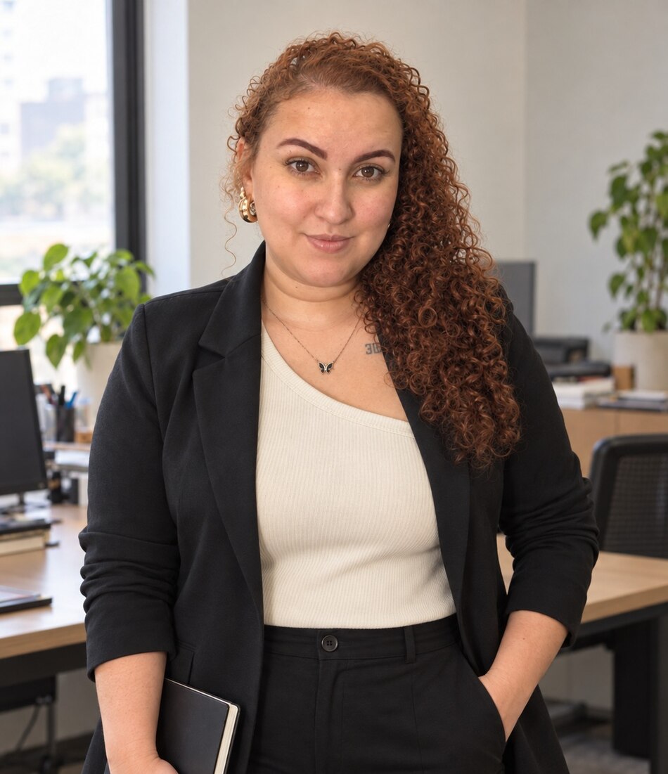 Consultora da Essenciale, de blazer preto, segurando um caderno em ambiente corporativo